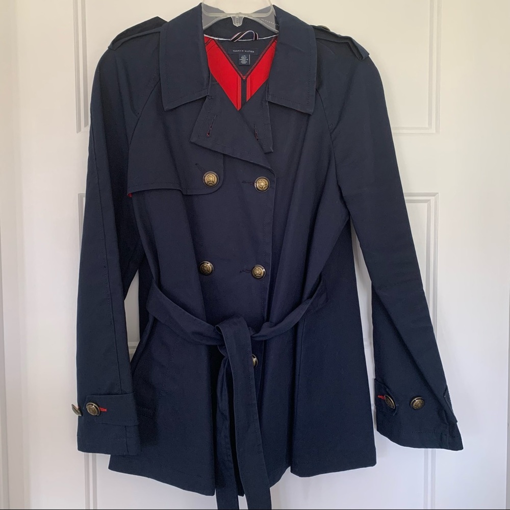 Tommy Hilfiger - Navy Belted Pea Coat with Brass Buttons - Size L
